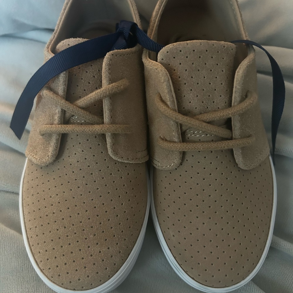 Janie and Jack Tan Kids Sneakers with Navy Accents